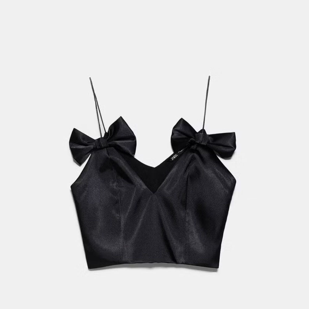 Zara Black Satin Crop Top with Bows